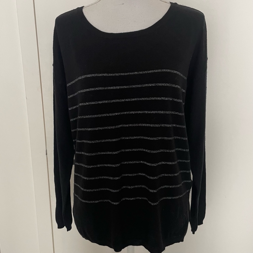 Joie Sweater Sz Medium Black With Silver Stripes Long Sleeve Pull Over